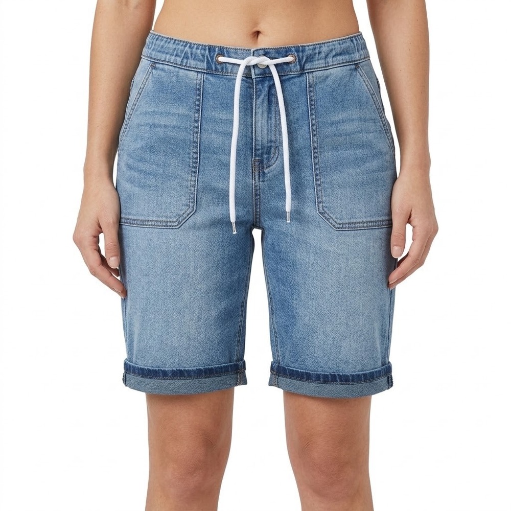 Flamingals Bermuda Shorts Blue Denim Stretchy Drawstring Cuffed Women's XL